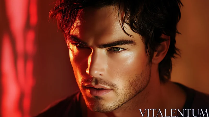 Moody male portrait in warm cinematic lighting and shadow.