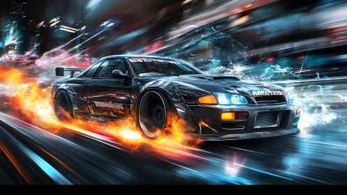 Cyberpunk tuner coupe drifting through neon city streets at speed