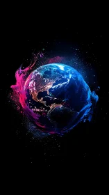 Planetary sphere rendered with neon color splashes and starfield contrast