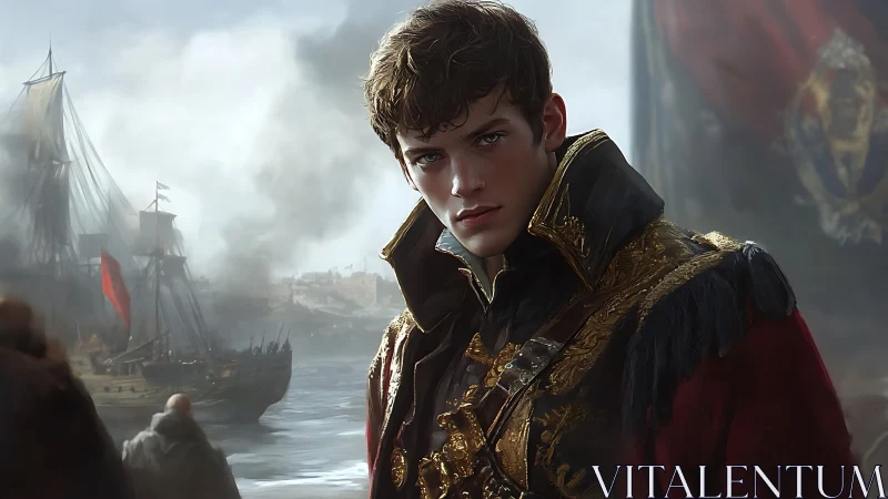 Digital painting portrait of naval officer in baroque regalia.