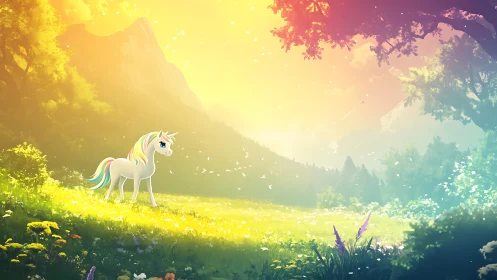 Unicorn standing in luminous meadow under forest canopy.