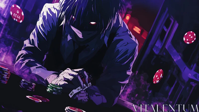 Shadow-lit gambler weighs the night’s final risky play.