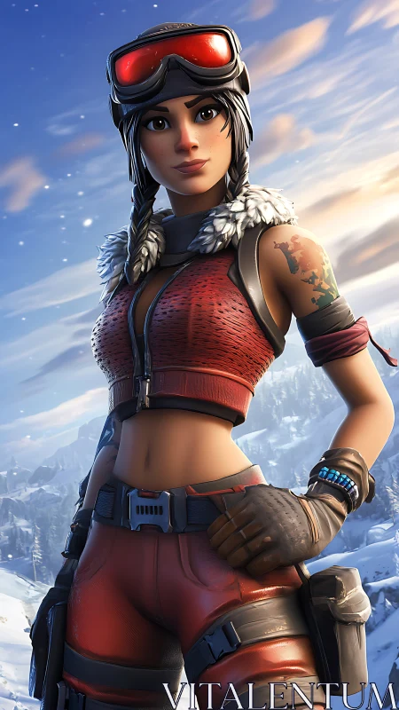 Stylized winter-clad female adventurer in snowy mountains.