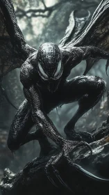 Shadowy alien creature crouches in a misty, haunted forest