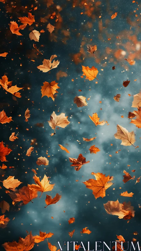 Golden autumn leaves drift gently across a dreamy sky