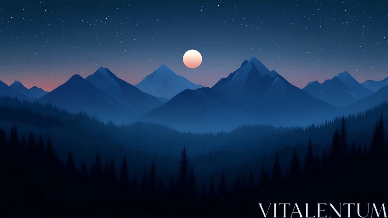 Nocturnal mountain range under moonlit clear sky.