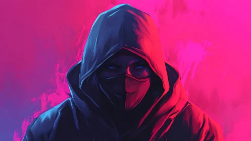 Hooded masked figure in neon pink and blue digital art.
