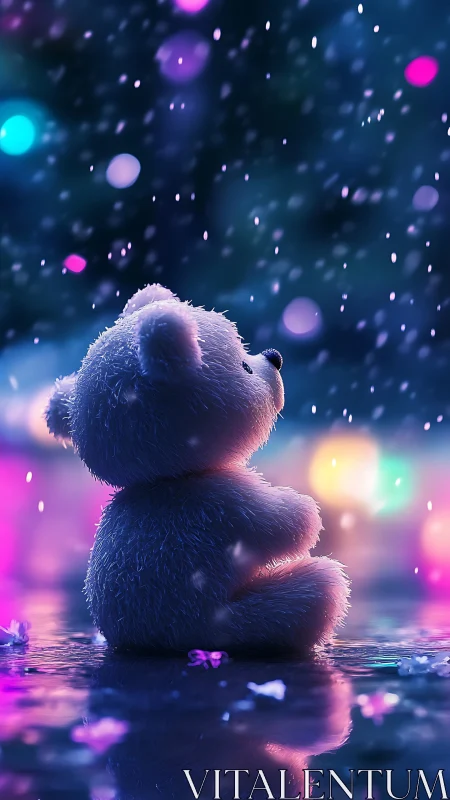 Backlit plush bear rendered with shallow depth of field bokeh