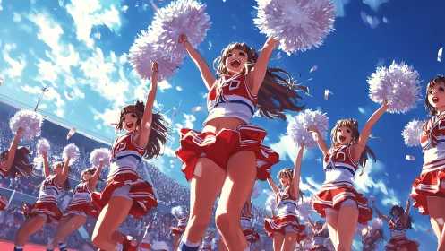 Cheerleaders celebrate under vivid stadium skies in motion.