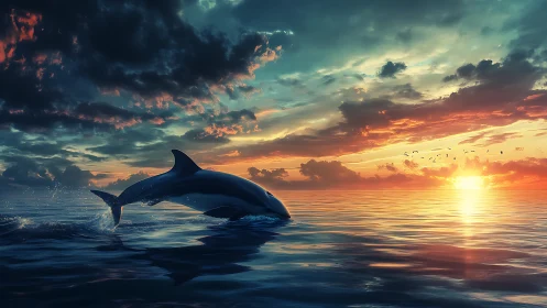 Dolphin arcs through molten sunset seas under stormlit skies.