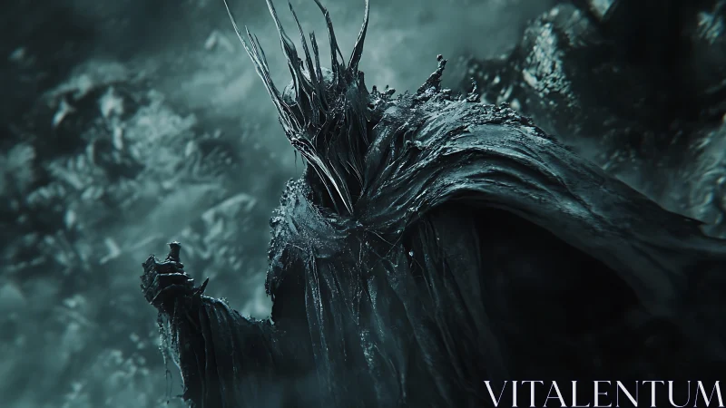 Dark armored figure stands in fog with elongated crown