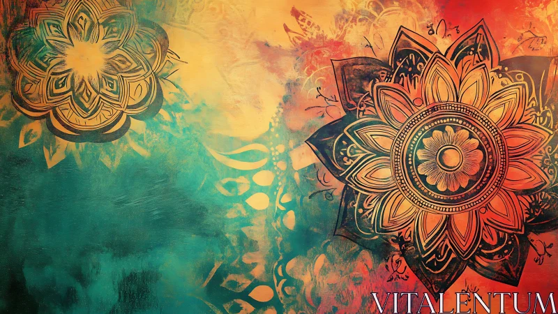 Symmetrical mandala motifs overlay a dual-toned gradient field