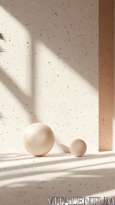 Minimalist terrazzo room shows two sunlit cream spheres
