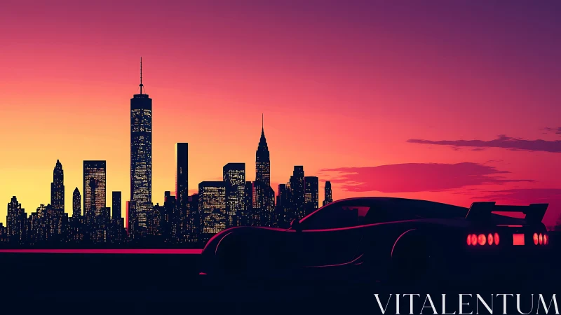 Neon dusk lets a lone supercar stalk the glowing skyline