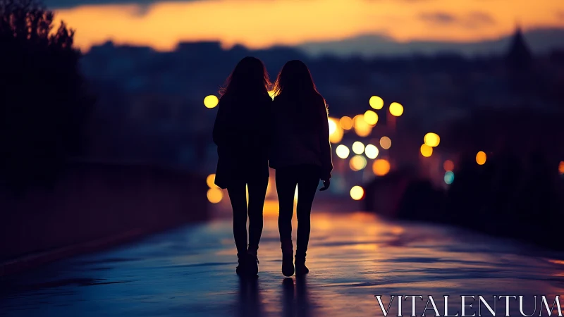 Two silhouettes walk toward glowing bokeh cityscape at dusk.