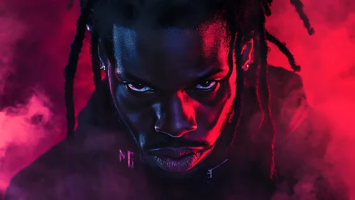 Intense neon portrait stares through swirling magenta haze