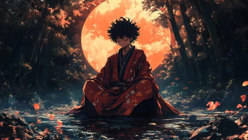 Samurai youth meditates under blazing harvest moon.