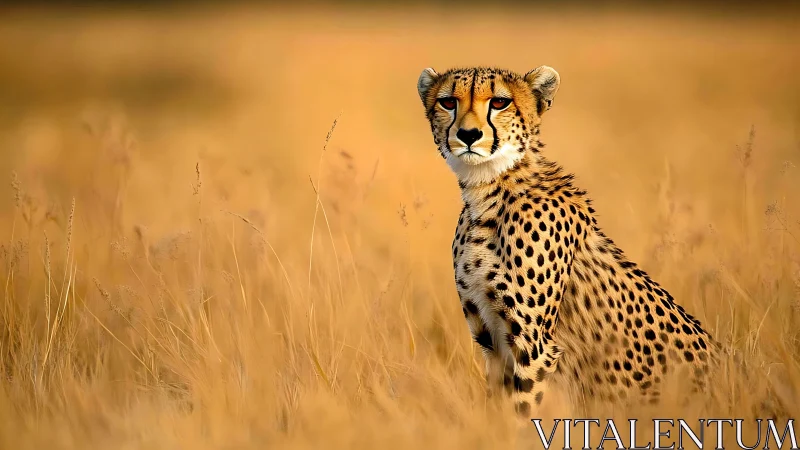 Cheetah standing alert in golden savanna grassland portrait.