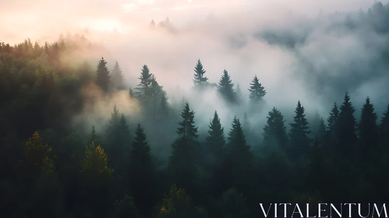 Fog-laden coniferous forest at dawn with atmospheric mist.