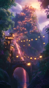 Mountain village glows with dense lantern lights at night
