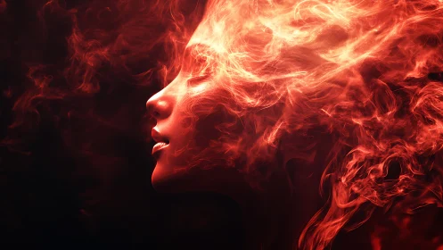 Digital portrait of woman with fire effects emerging from head