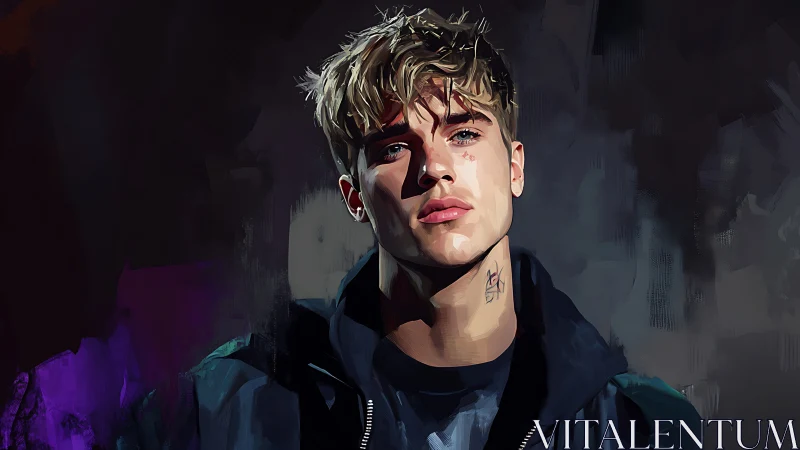 Digital portrait of young man in jacket on dark backdrop.