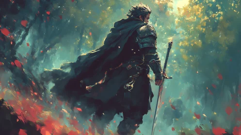 Armored swordsman surveys glowing forest battlefield.