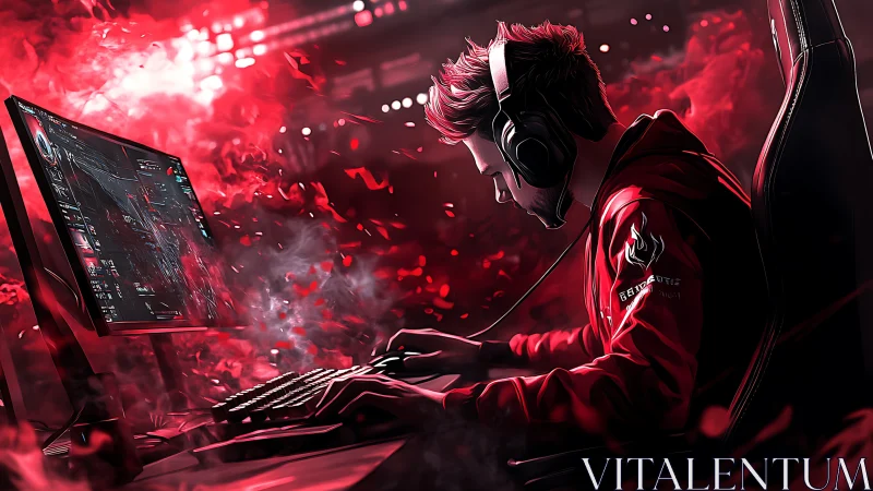 Focused esports gamer dives into an intense red arena moment