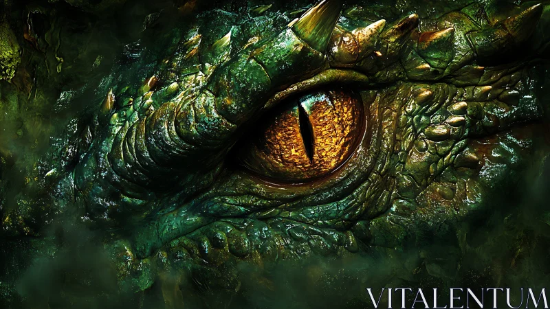 Golden dragon eye glows warmly within emerald scaled shadows