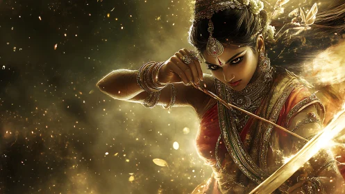 Dynamic mythic archer in luminescent particulate vortex.