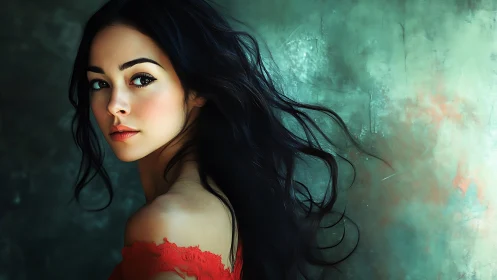 Digital painting portrait with teal bokeh background and motion hair.