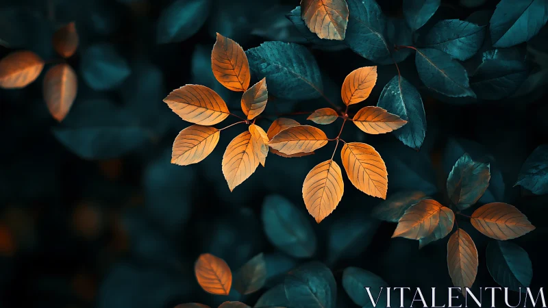 Amber leaves drift like sparks across deep teal shadowed forest.