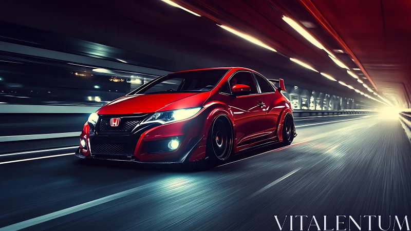 Aerodynamic red hot‑hatch executing high‑speed tunnel transit.