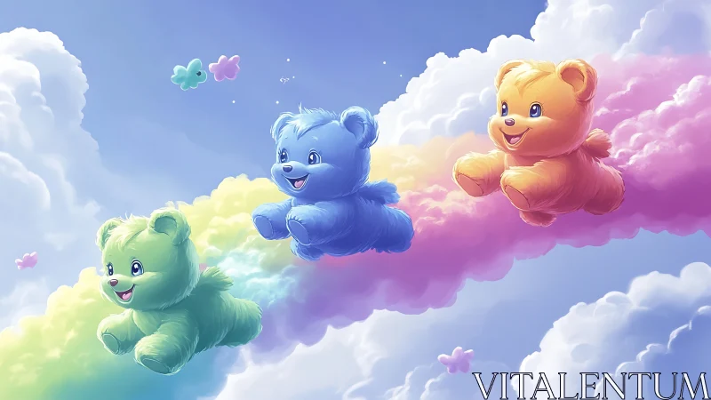 Colorful teddy bears floating along pastel rainbow clouds.