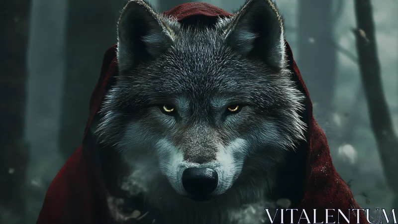 Grey wolf in red hooded cloak within dense forest setting.