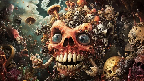 Grotesque skull swarm under surreal mushroom stormscape.