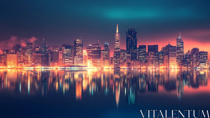 Neon lit city skyline reflected on calm waterfront at night.