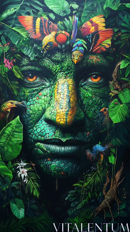 Jungle spirit portrait with birds and reptilian green face.