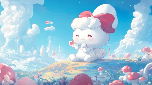 Fluffy cloud creature smiles in a dreamy mushroom meadow.