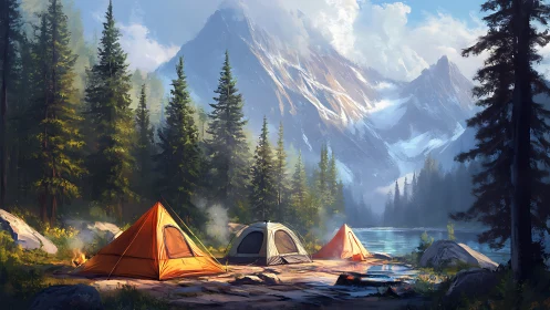 Triangular tents beside alpine lake under snowcapped granite peaks