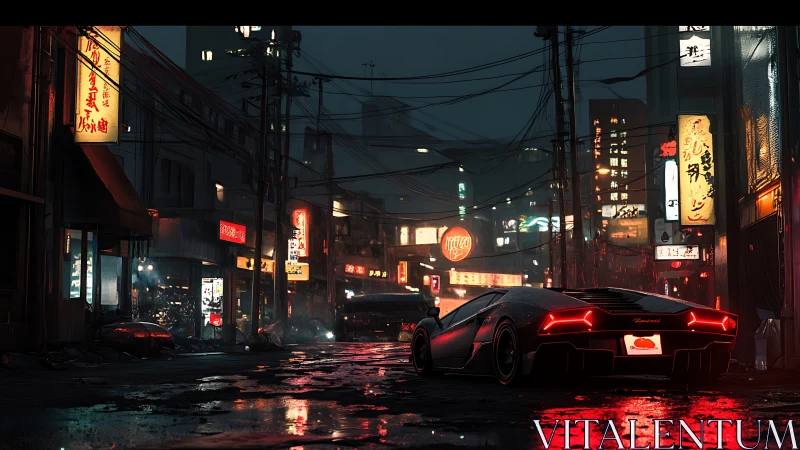 Sports car stands in neon lit rainy city street at night