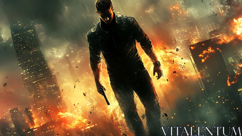 Lone armed figure in burning urban skyline under rain.