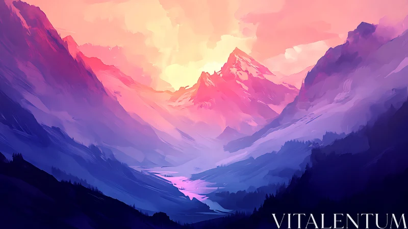 Digital mountain valley landscape under vivid sunset light.