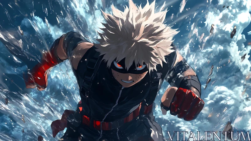 Explosive blond hero charging through shattered sky waters.