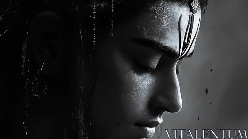 Monochrome devotional portrait renders serene side profile