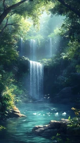 Tranquil forest waterfall pool bathed in soft morning light.