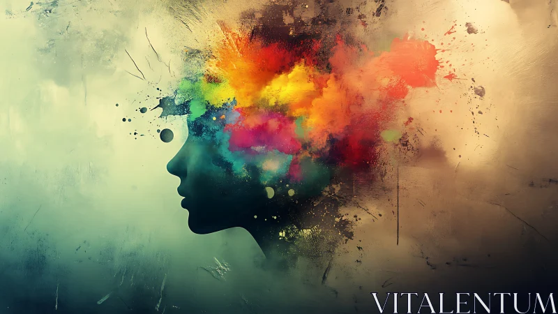 Color storms burst from a dreaming silhouette suspended in mist