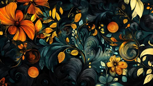 Golden midnight garden swirling with vivid floral dreams.
