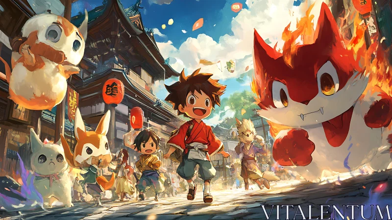 Boy runs with fiery fox creature through lively festival street