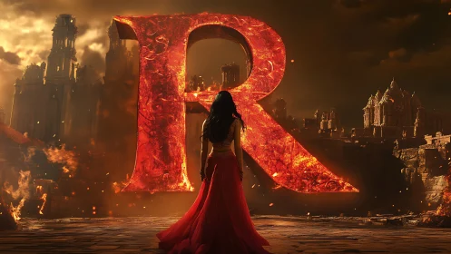 Fiery monogram R towers over cloaked figure in ruins.